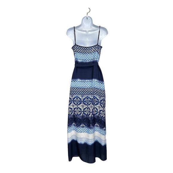 Ann Taylor Mixed Media Batik Atrium Maxi Dress Womens Sz 2 Blue Belted Boho Chic - Picture 2 of 10